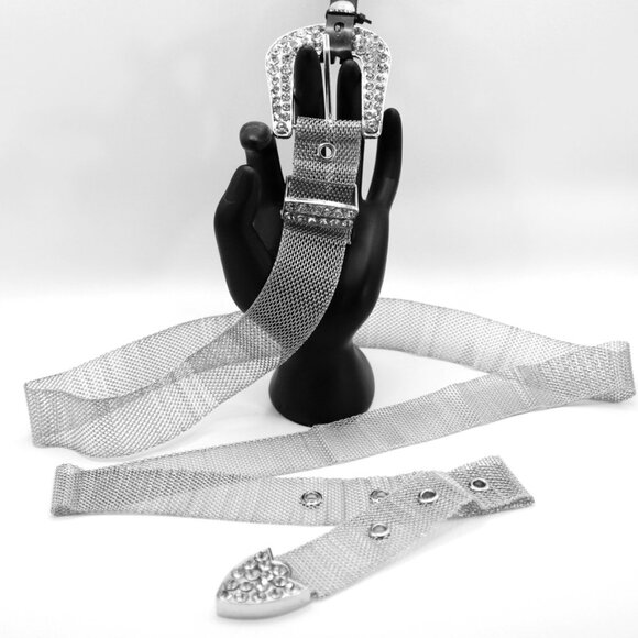 Noir Silver Mesh Rhinestone Buckle Belt – Plus Size 2X, Sparkly Statement Access - Picture 1 of 5